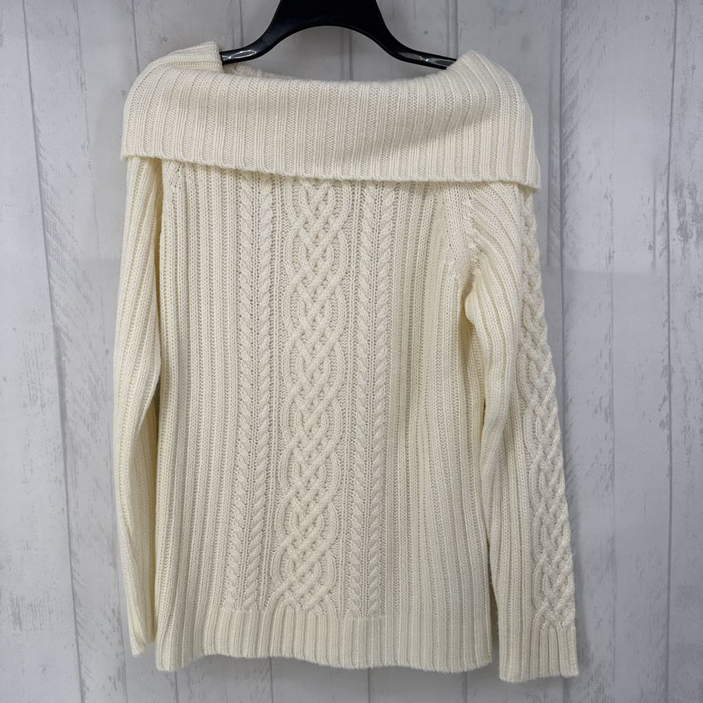 M cable knit cowl neck sweater