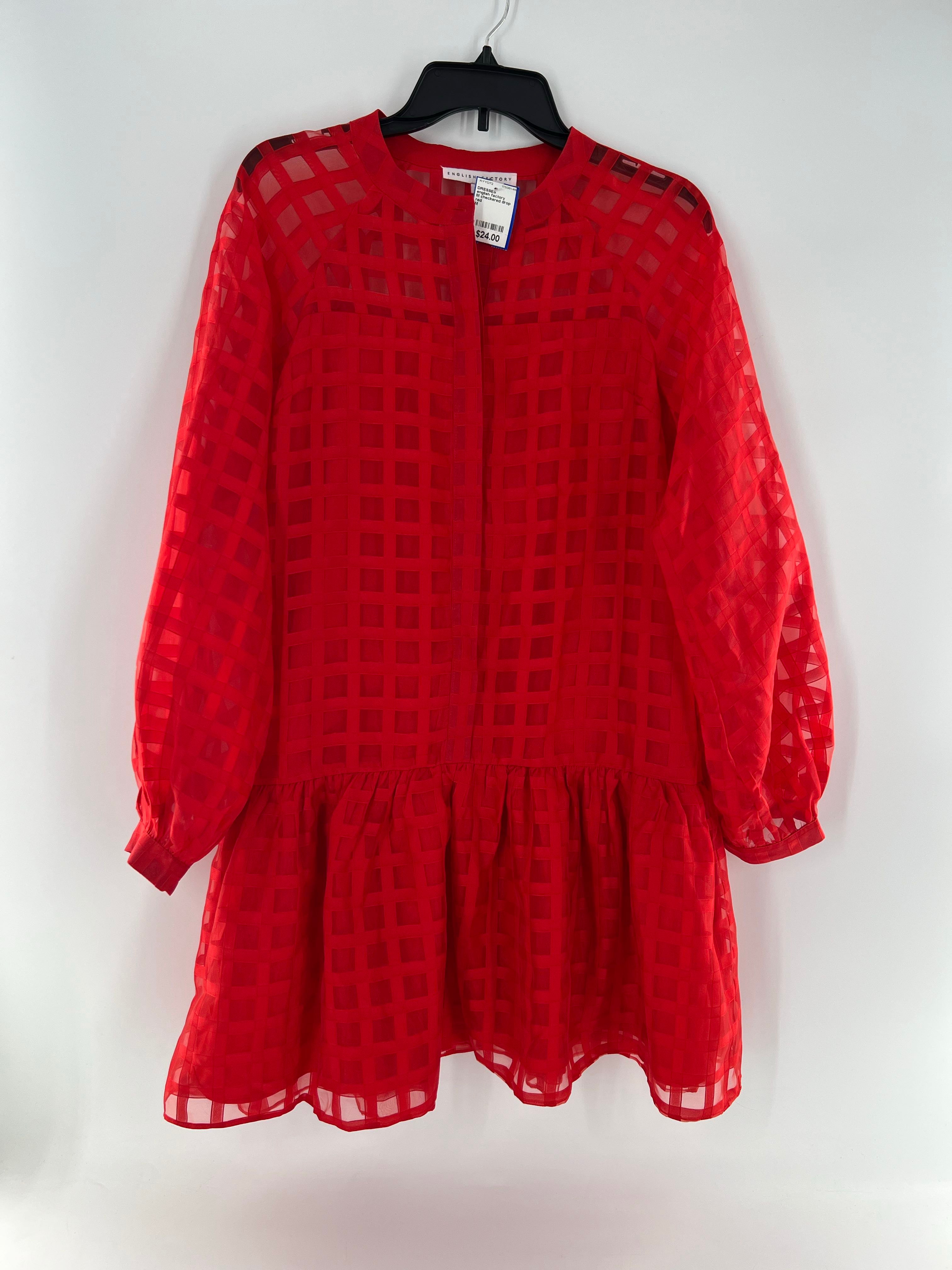 M checkered drop wais l/s dress