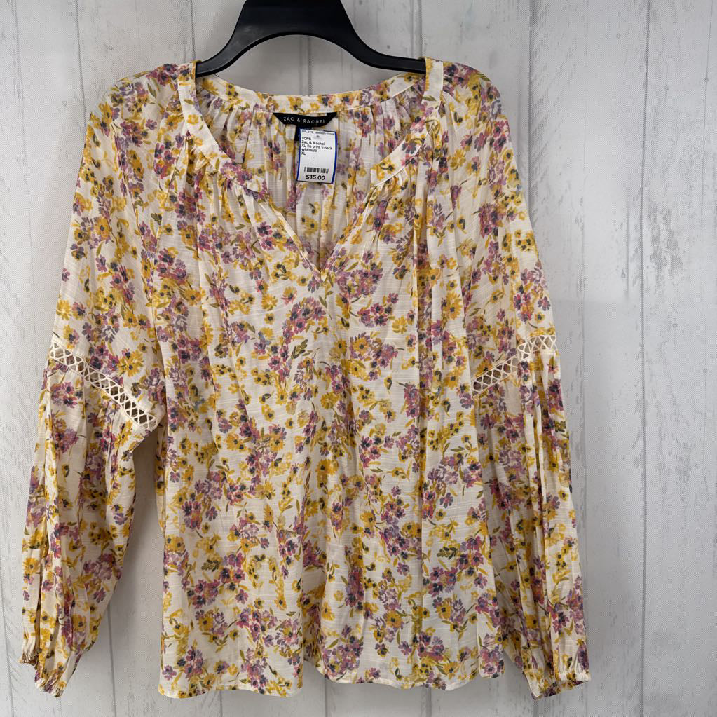 XL flo print v-neck l/s top