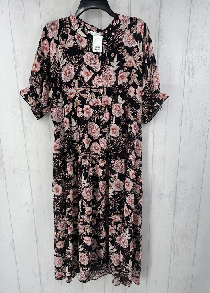 L s/s flower print sheer dress