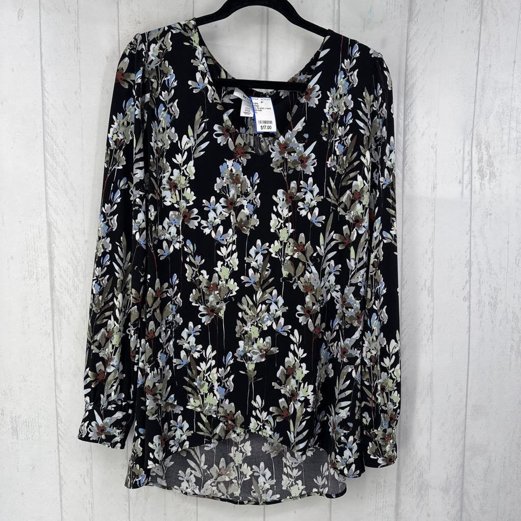 XL flo print v-neck l/s top