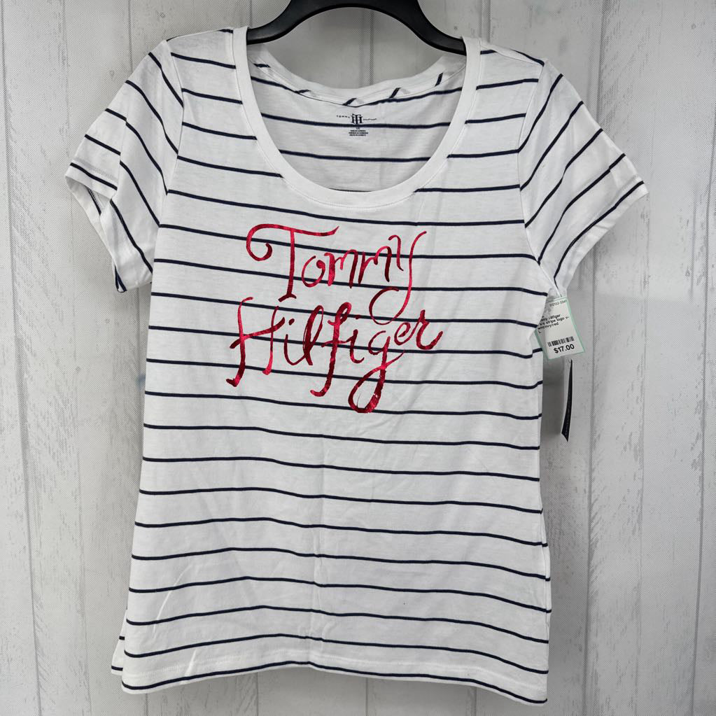L s/s stripe logo v-neck top