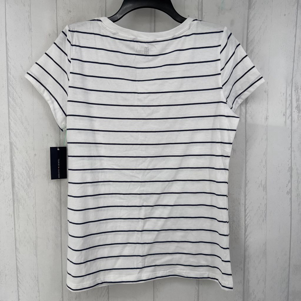 L s/s stripe logo v-neck top