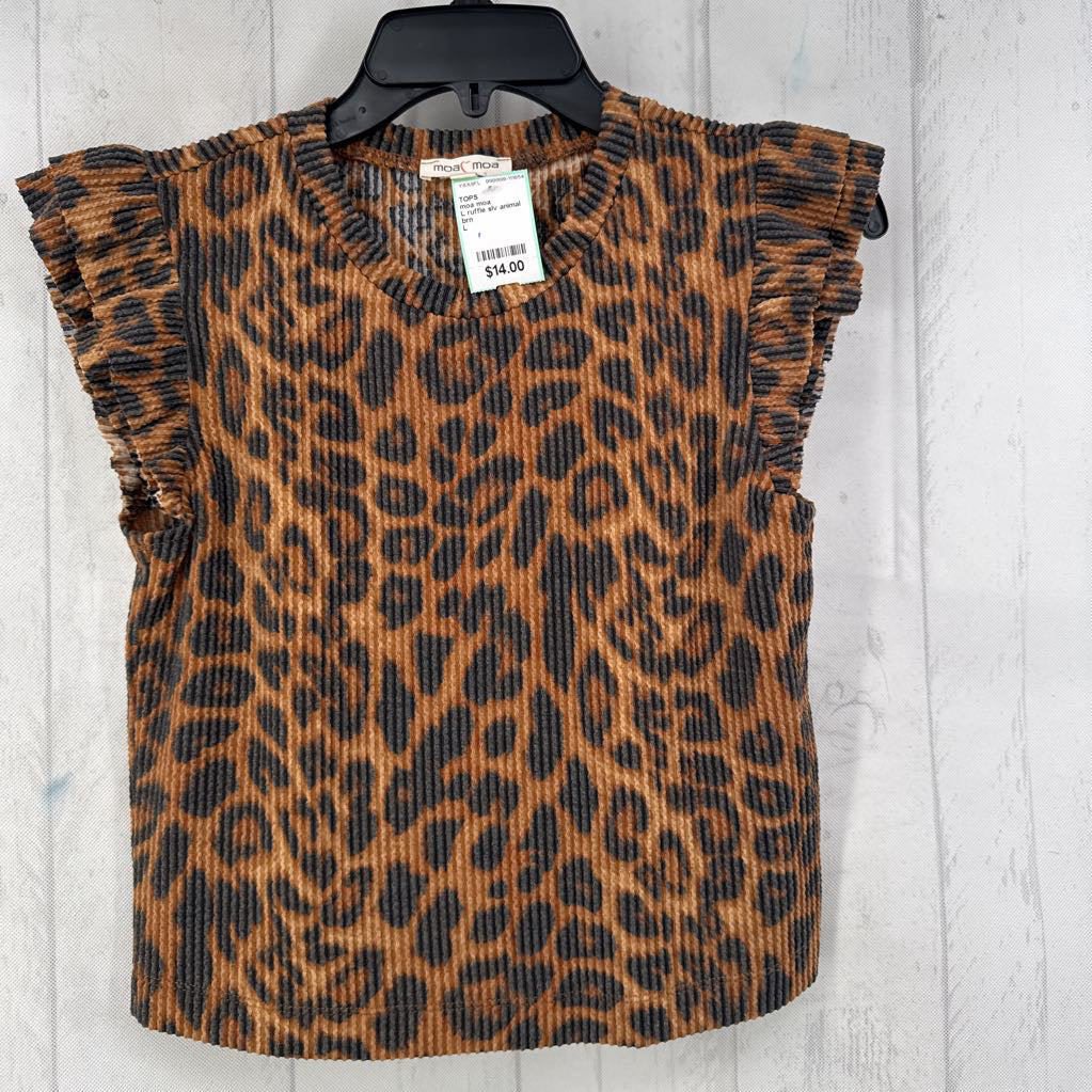 L ruffle slv animal print ribbed top