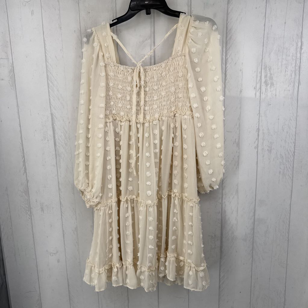 M puffy l/s textured dot pattern smocked dress