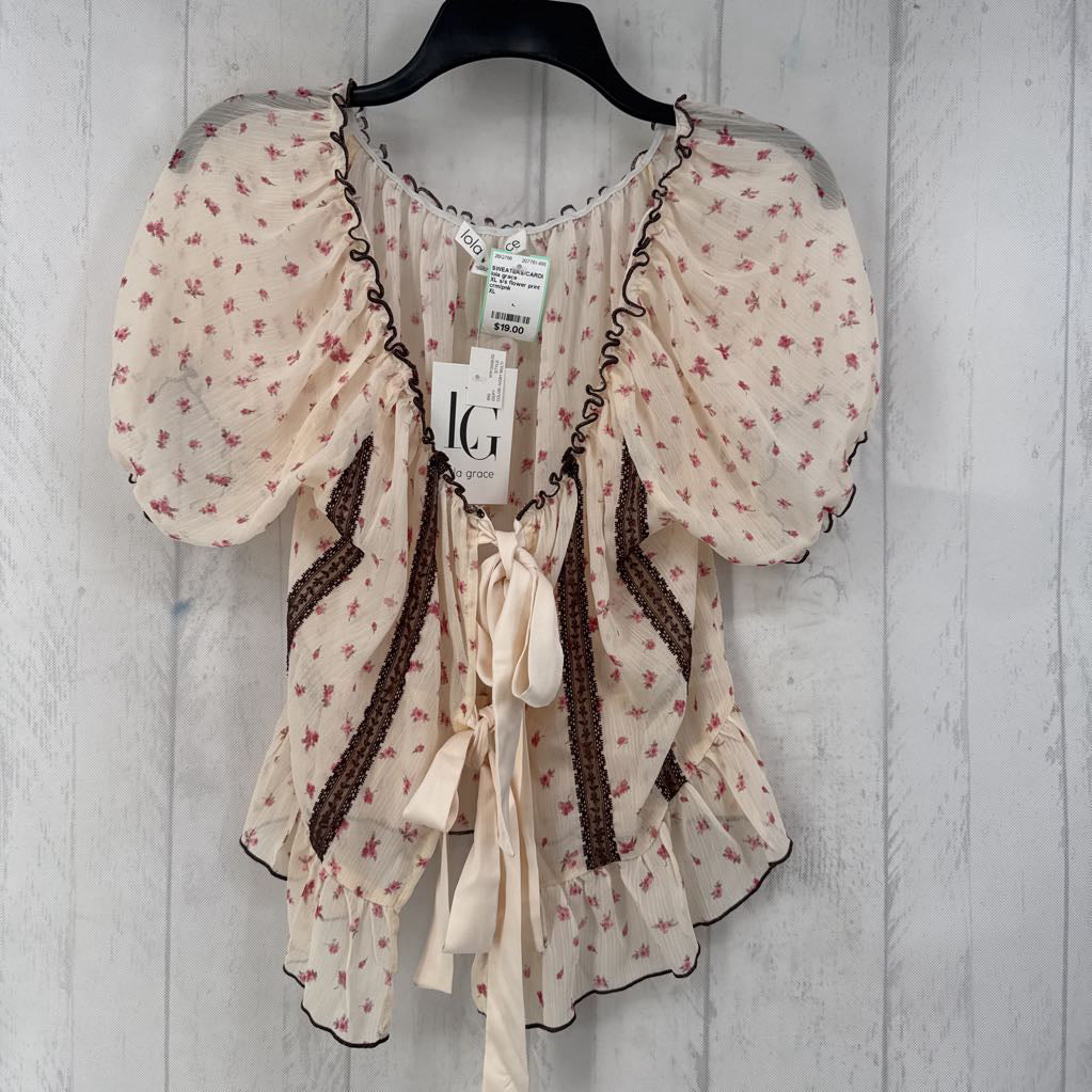 XL s/s flower print sheer tie cardigan