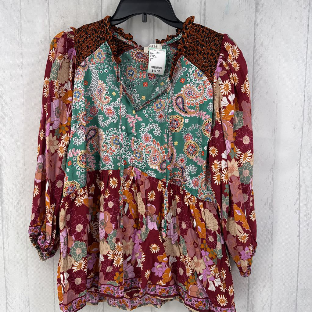 S 3/4 slv floral/paisley top
