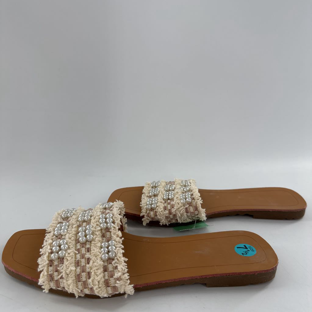 7.5 frayed embellished slide sandals