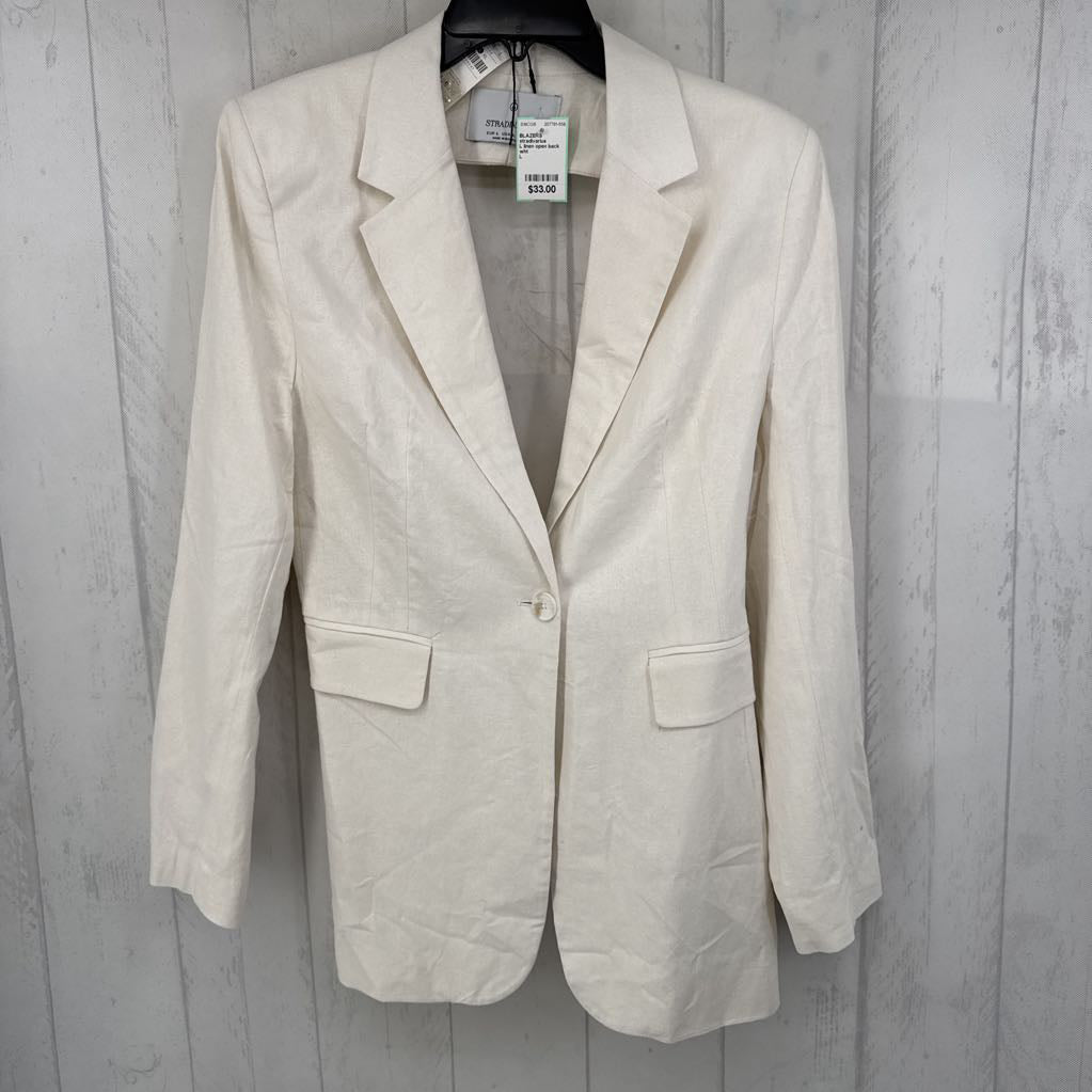 L linen open back button blazer