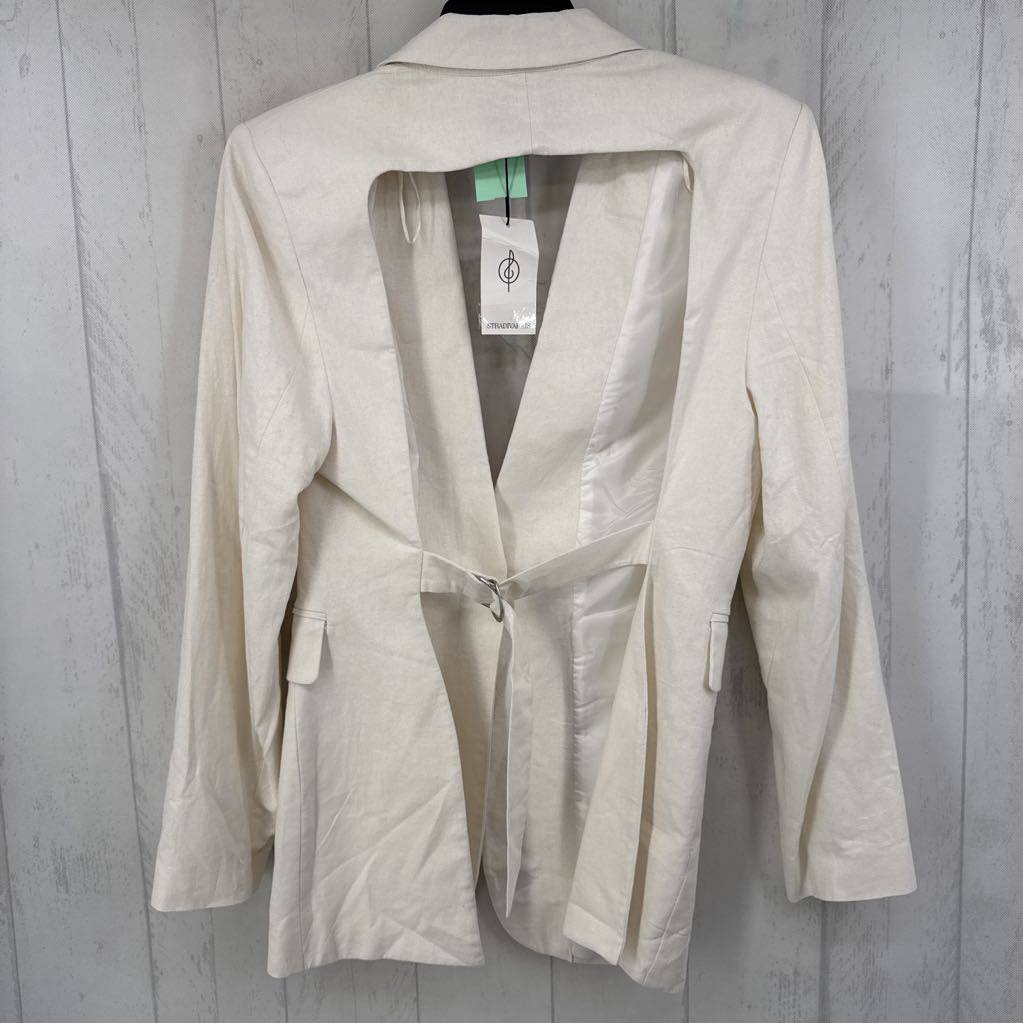 L linen open back button blazer