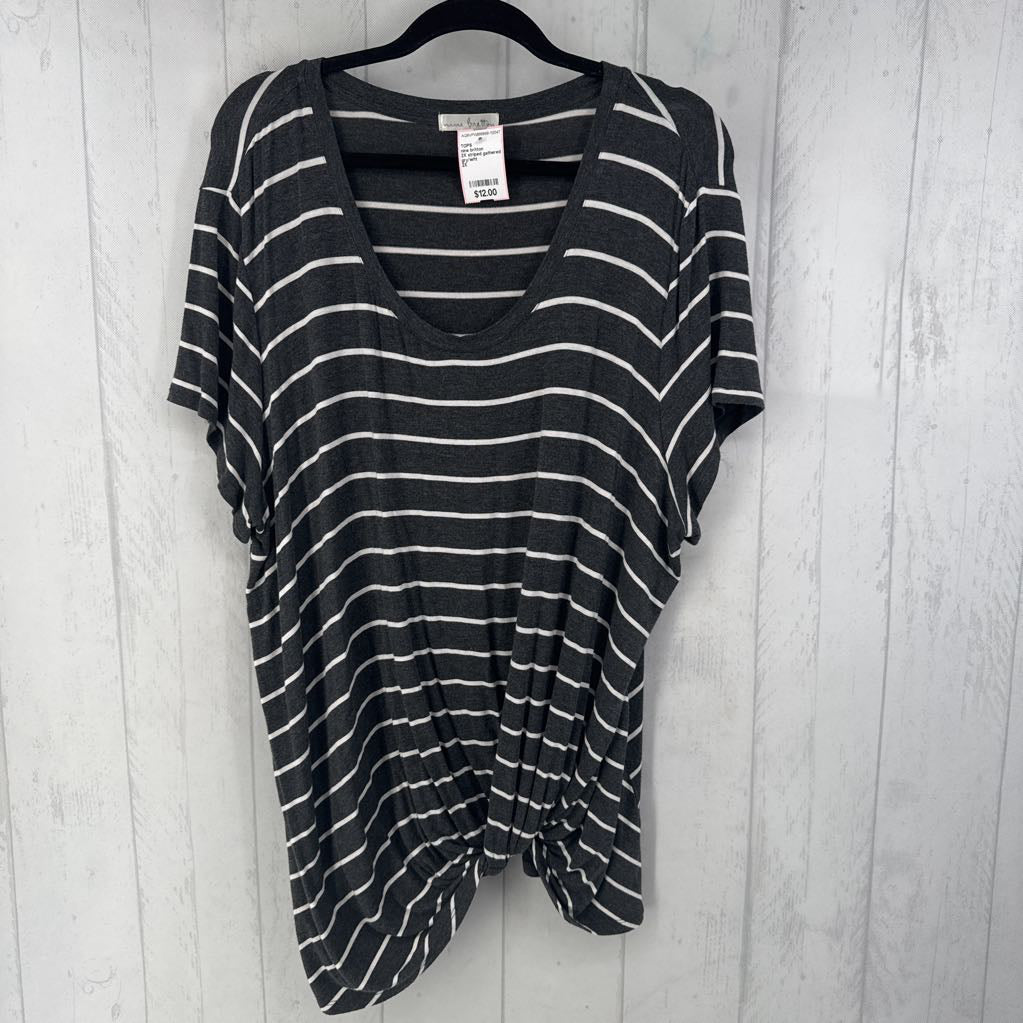 2X striped gathered hem s/s top