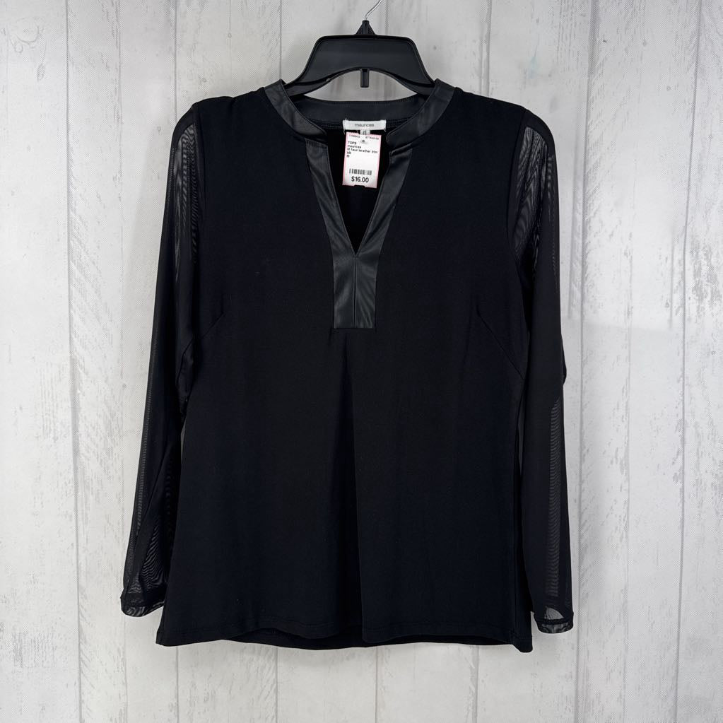 M faux lerather trim v-neck l/s top