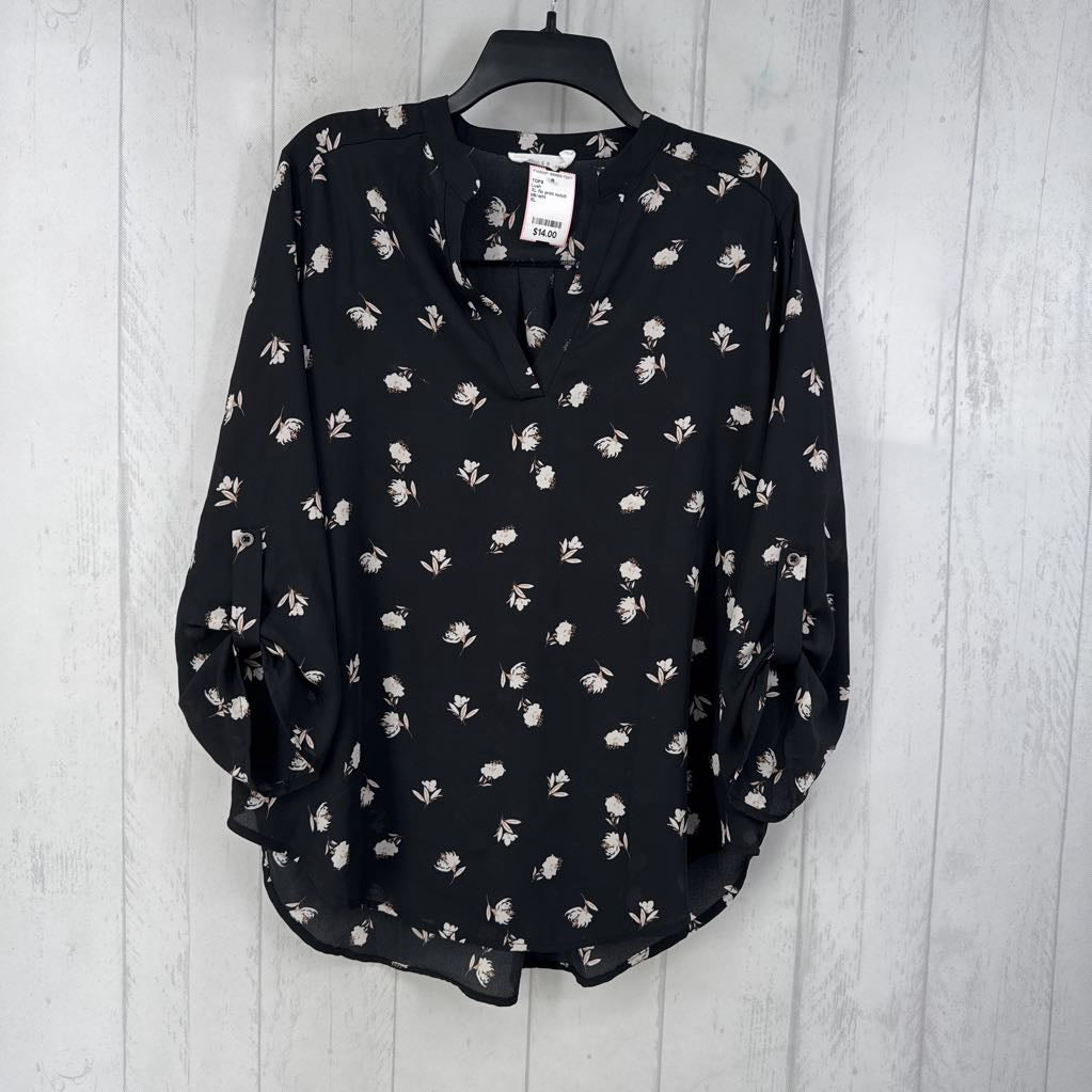 XL flo print notch neck tab slv top