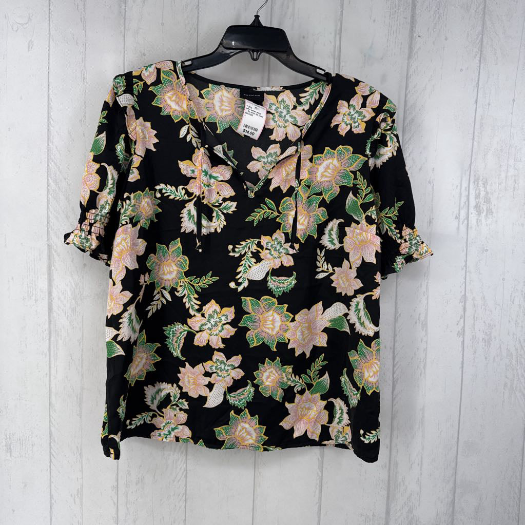 L flo print tie front s/s top