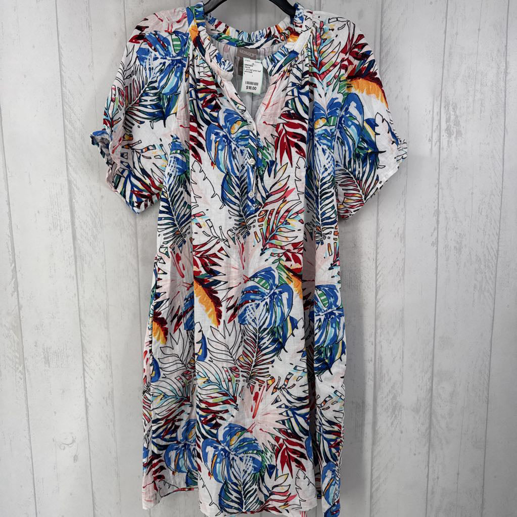 L s/s leaf print half button dress