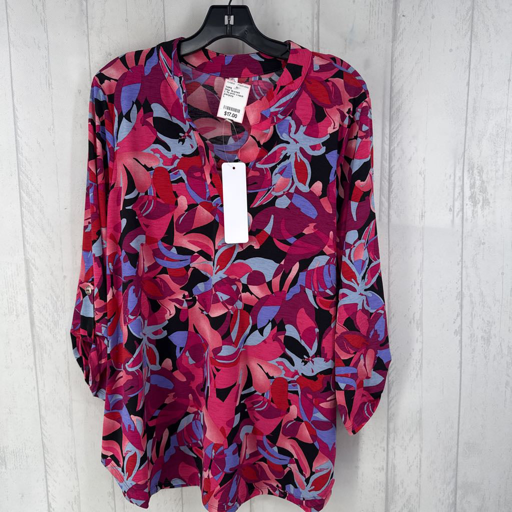 L flo print v-neck tab slv tunic