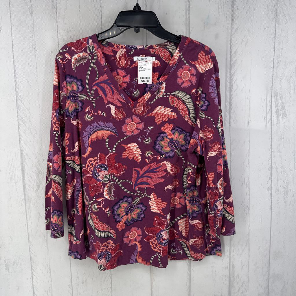 XL flo print v-neck 3/4 slv top