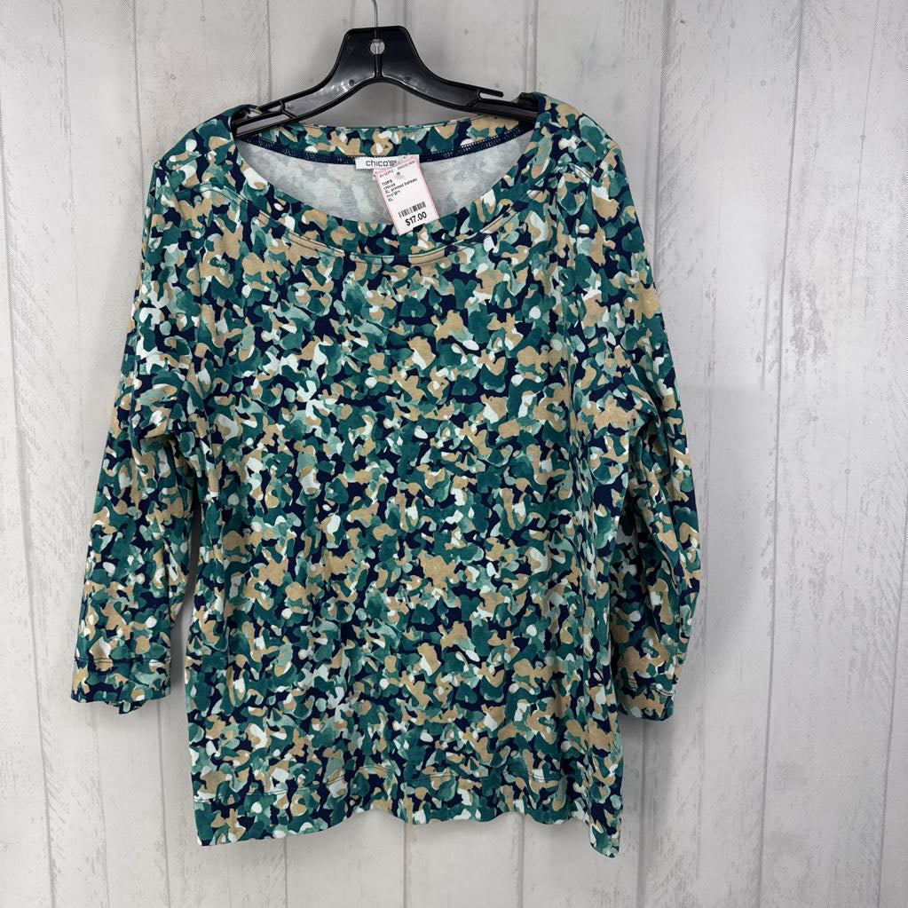XL printed bateau neck 3/4 slv top