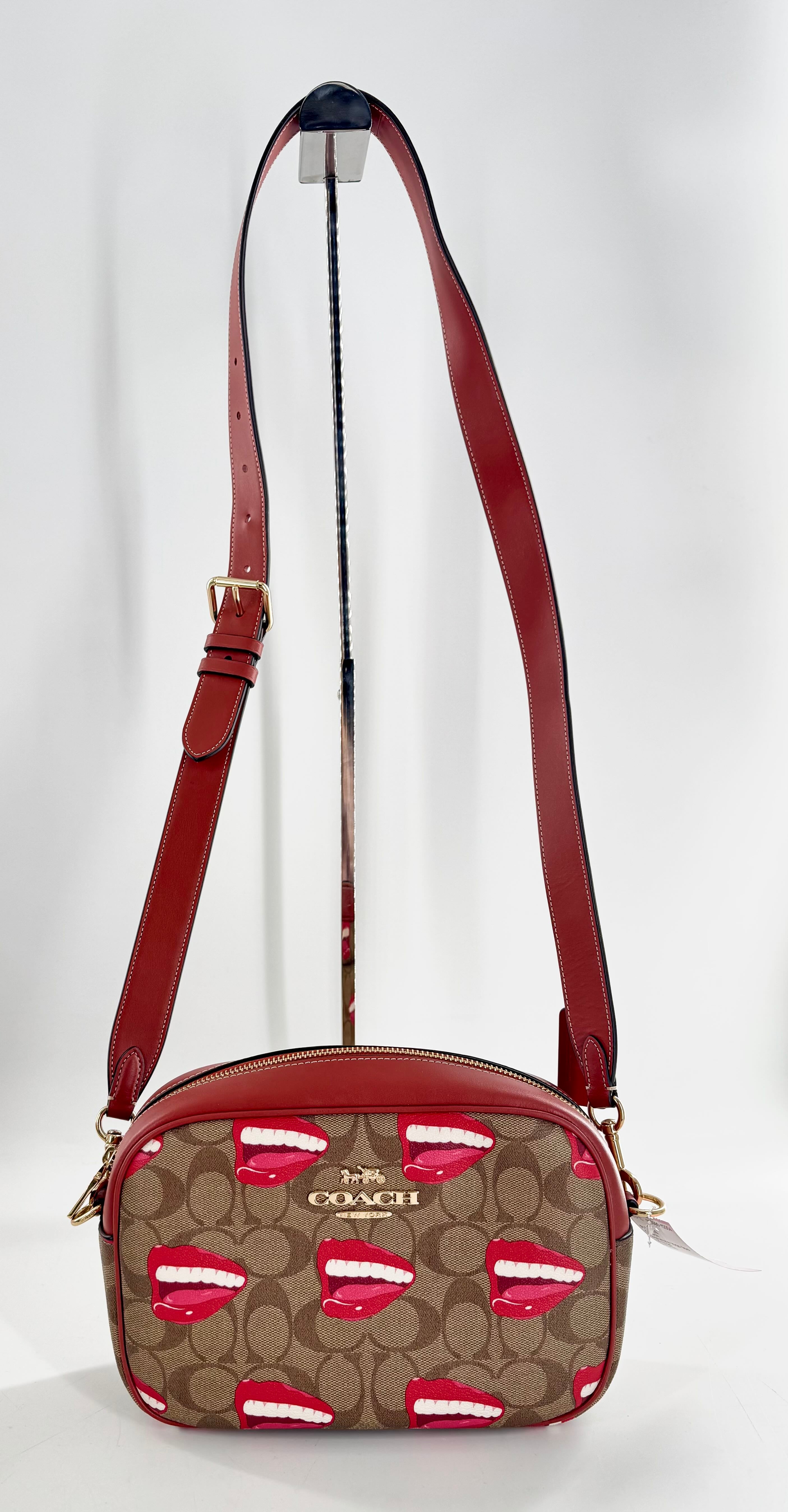 signature logo lips print camera bag