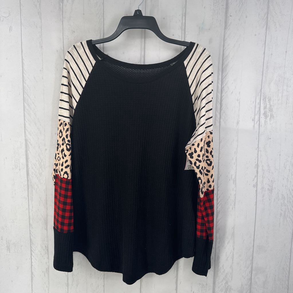 XL waffle knit mixed print slv top l/s