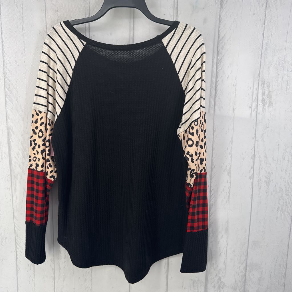 XL waffle knit mixed print slv top l/s