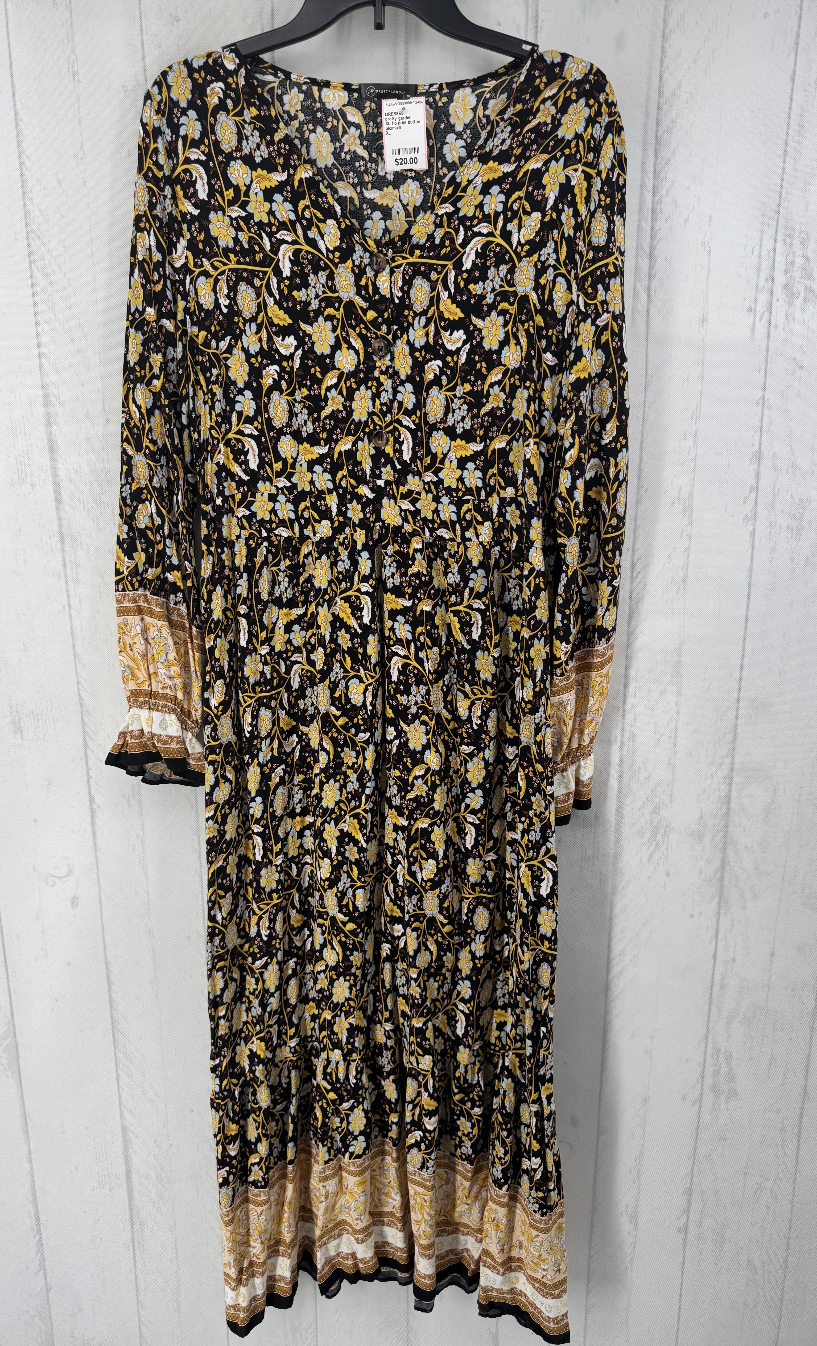 XL flo print button front l/s maxi dress