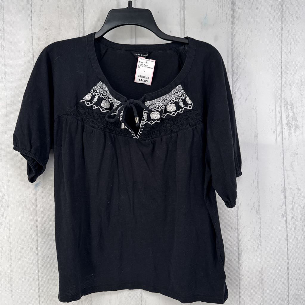 L smocked tie front s/s top