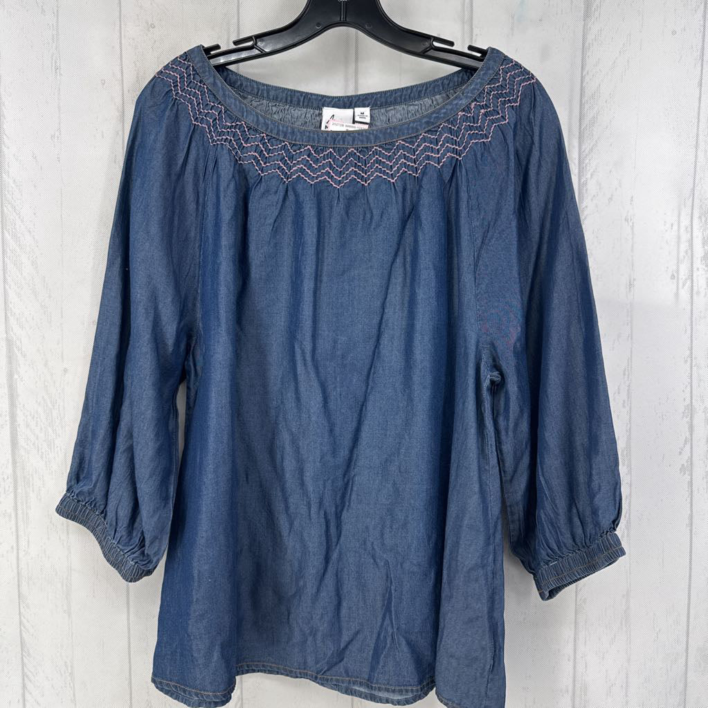 M denim smocked 3/4 slv top