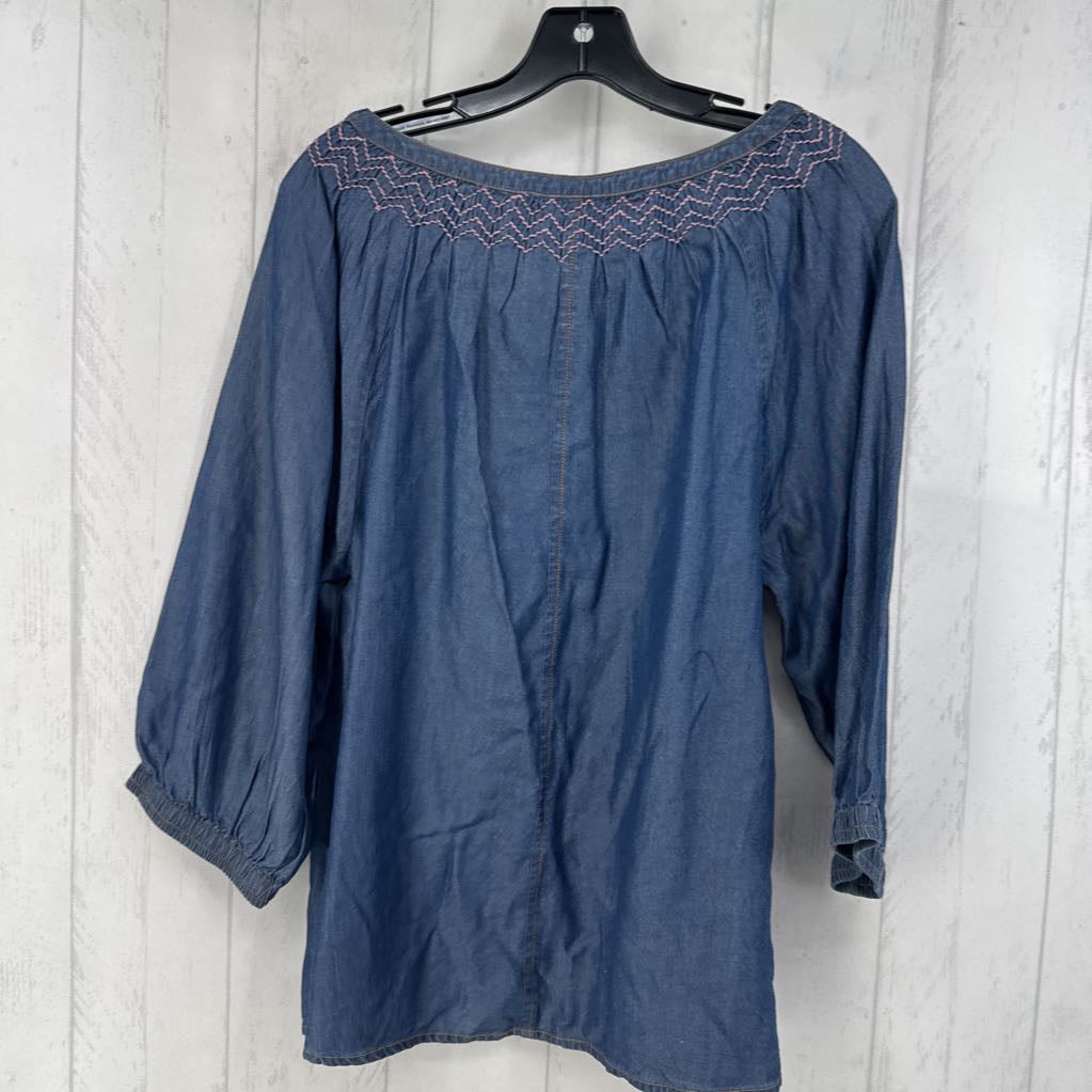 M denim smocked 3/4 slv top