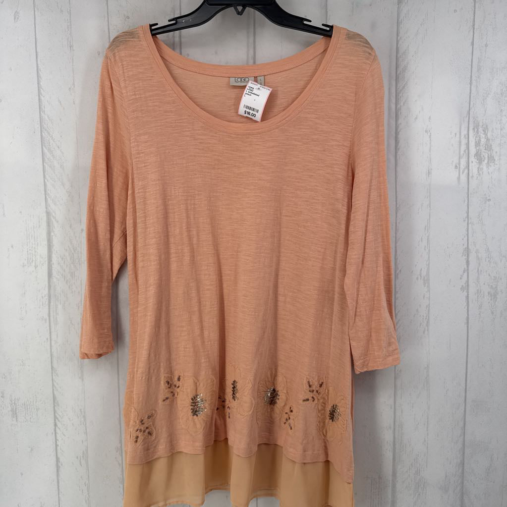 L embelished layered hem 3/4 slv tunic