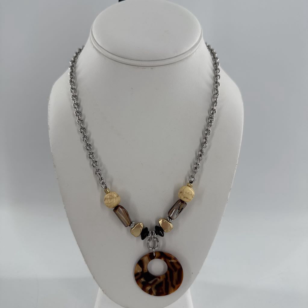 12" silver tone brown acrylic pendant necklace