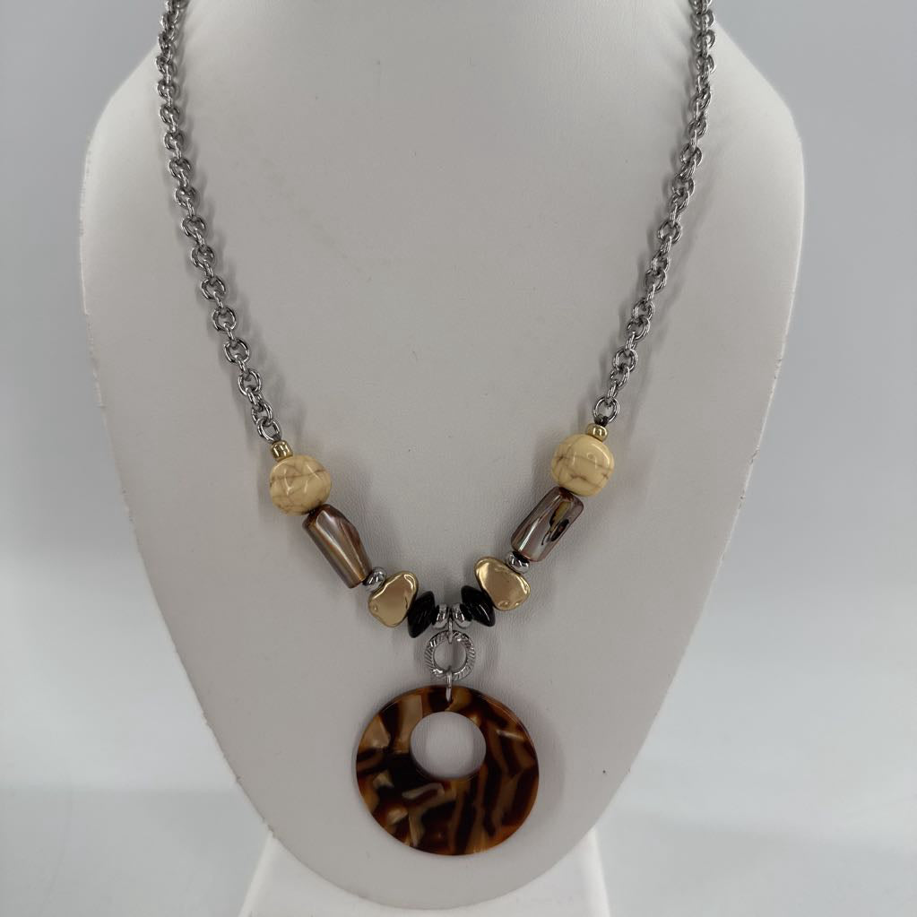 12" silver tone brown acrylic pendant necklace