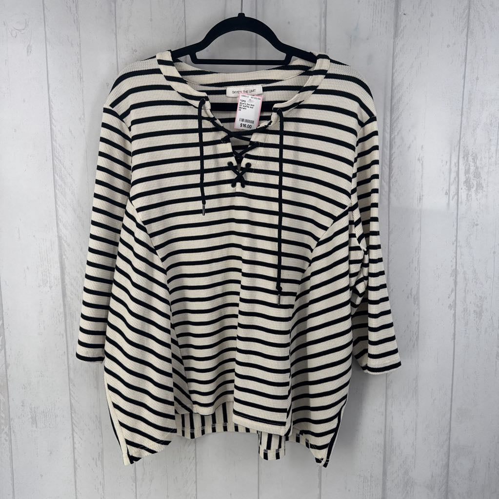 3X waffle knit striped lace-up 3/4 slv top