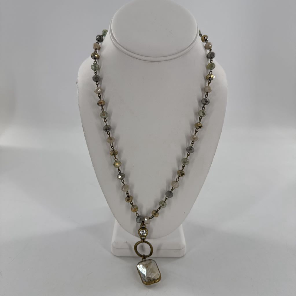 14" taupe beaded clear stone pendant necklace