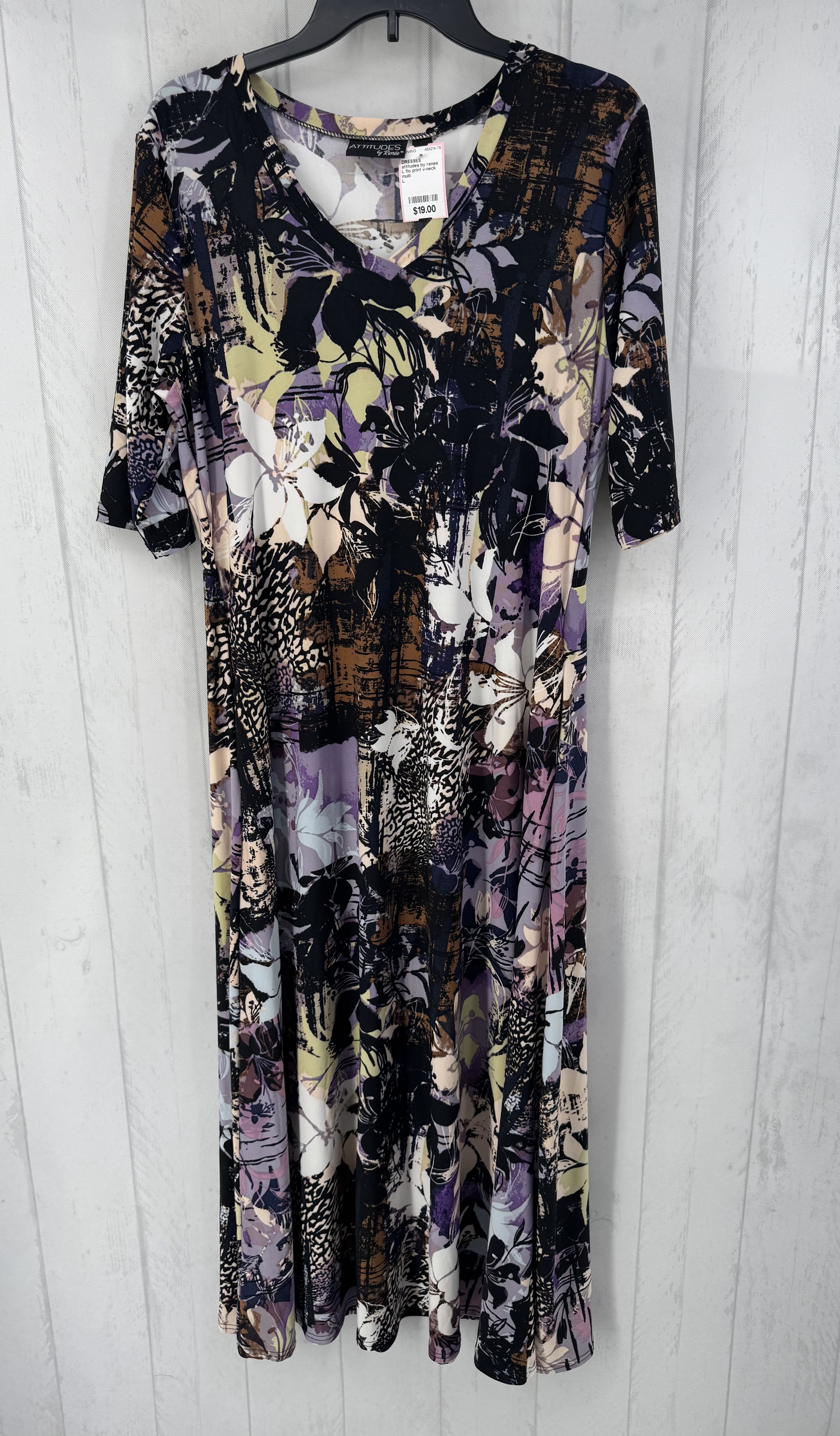 L flo print v-neck elbow slv dress