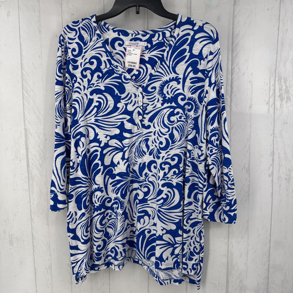 L printed v-neck 3/4 slv top