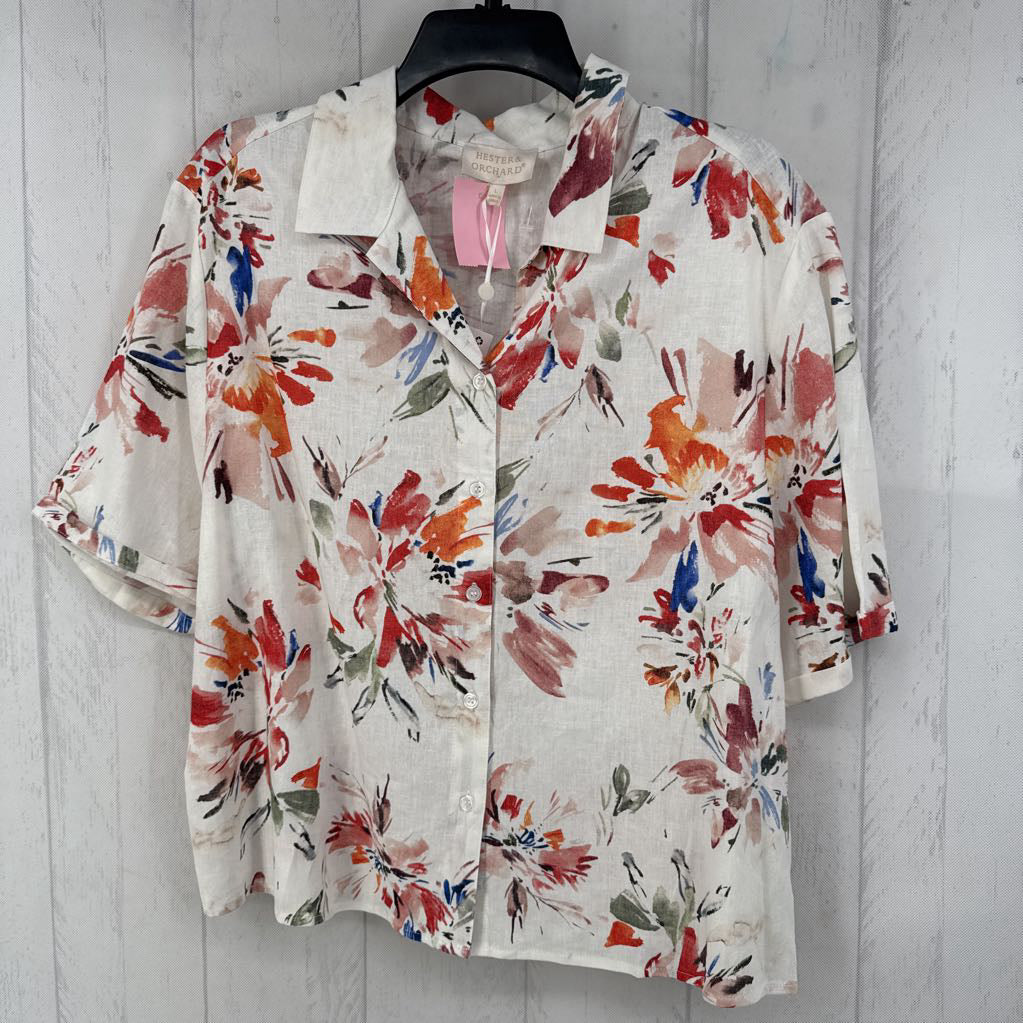 L linen blend flo print button down s/s top