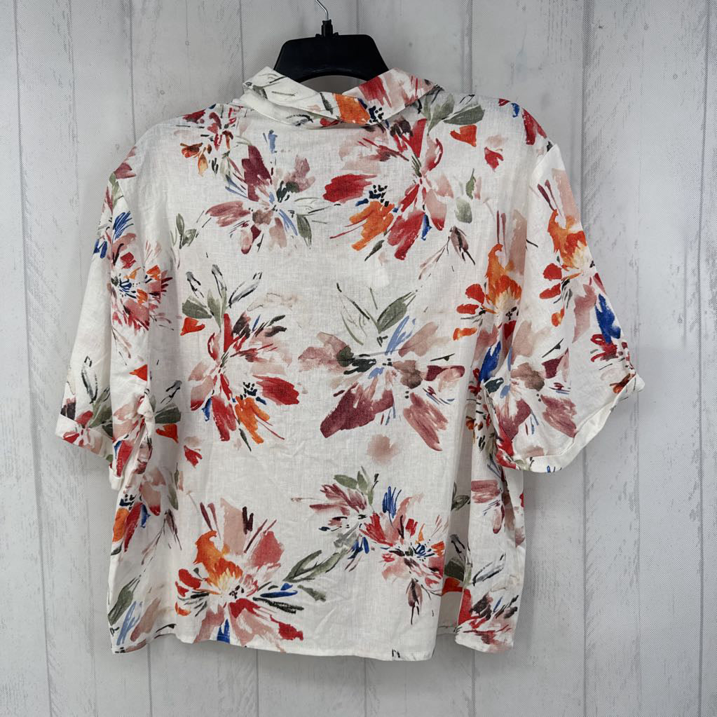 L linen blend flo print button down s/s top