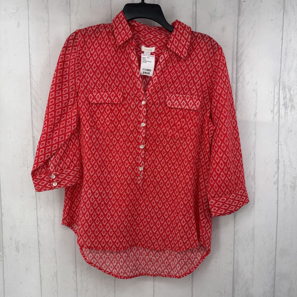 L printed button down 3/4 slv top