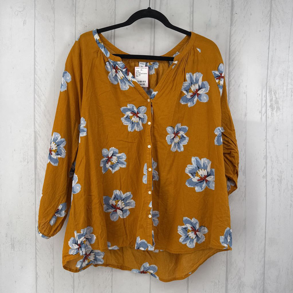 XXL flo print button down 3/4 slv top