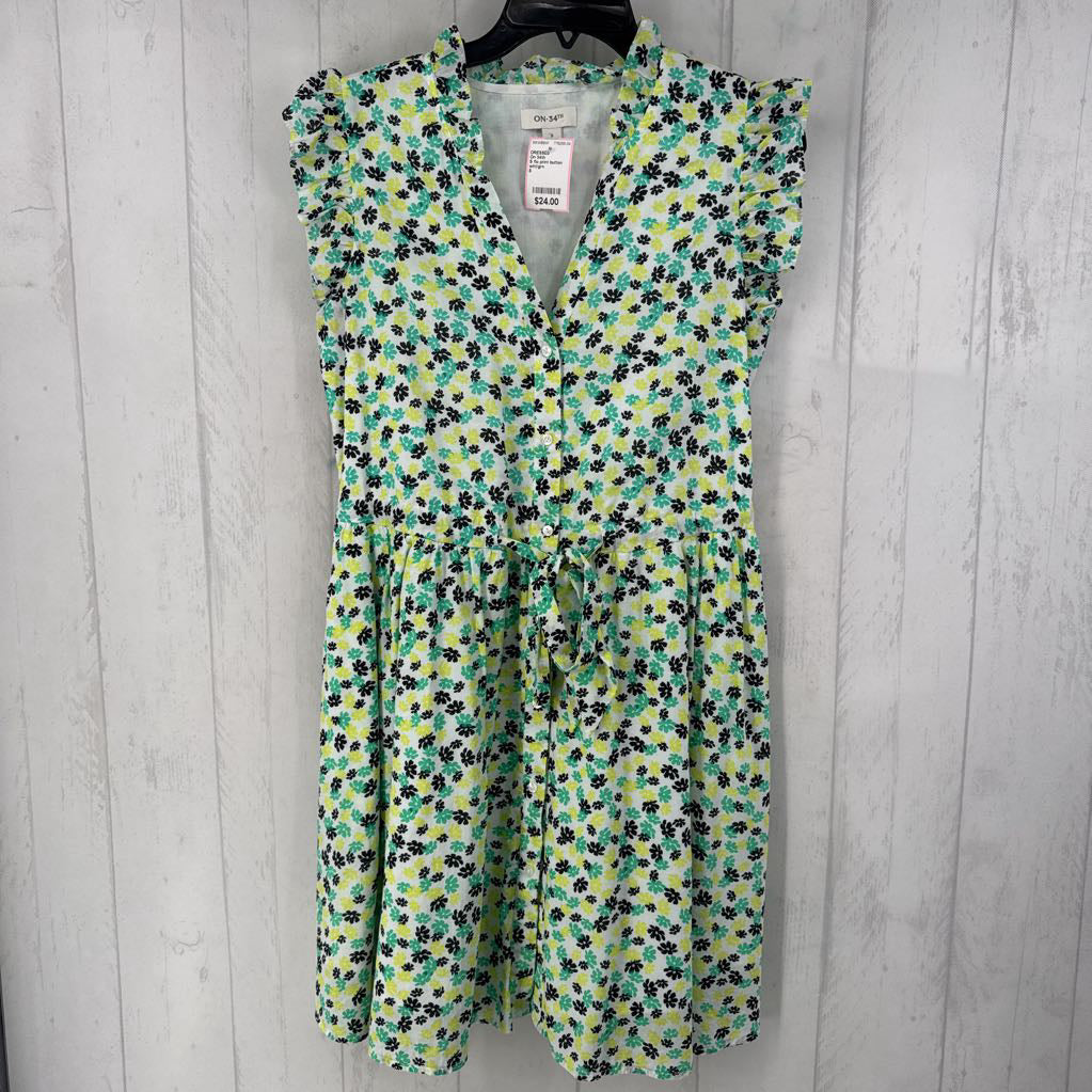S flo print button front ruffled slv dress