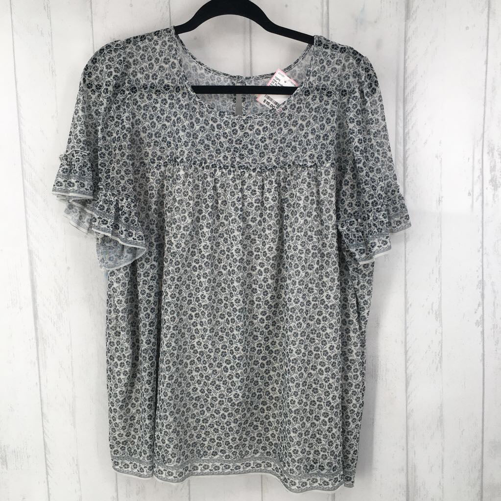 2X flo print mesh ruffled slv top