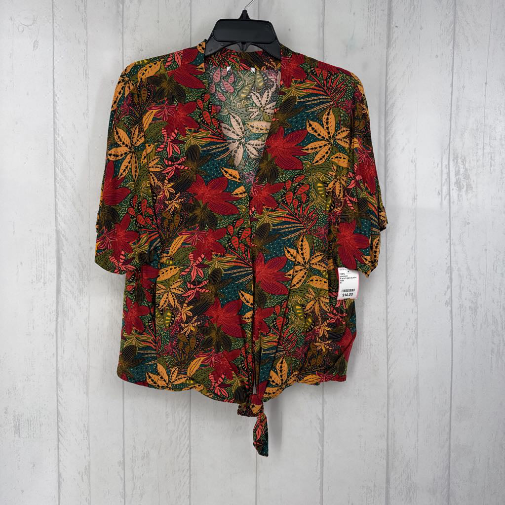 M s/s tropical print knotted top