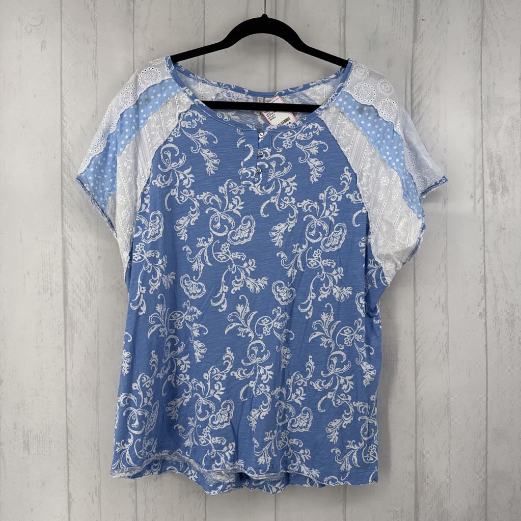 18/20w damask print eyelet trim s/s top
