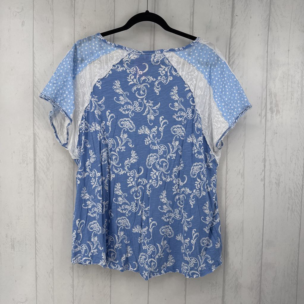 18/20w damask print eyelet trim s/s top
