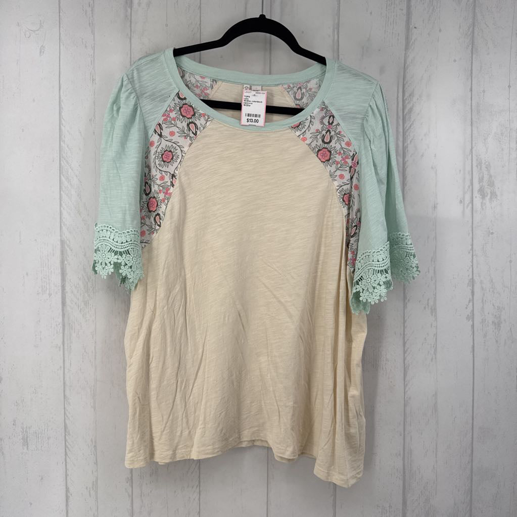 18/20w colorblock lace trim s/s top