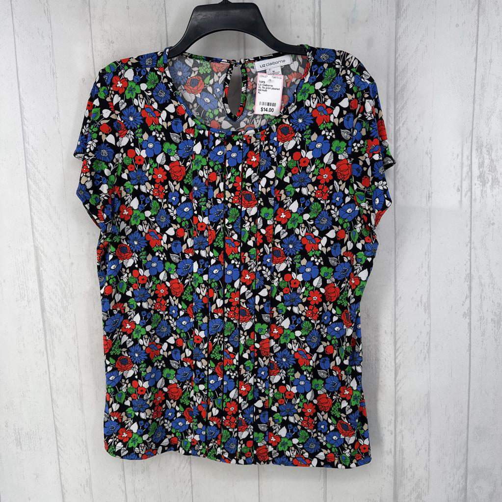 XL flo print pleated s/s top