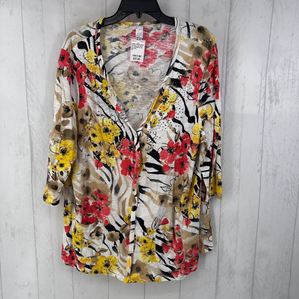 2X embelished flo print button down 3/4 slv cardi