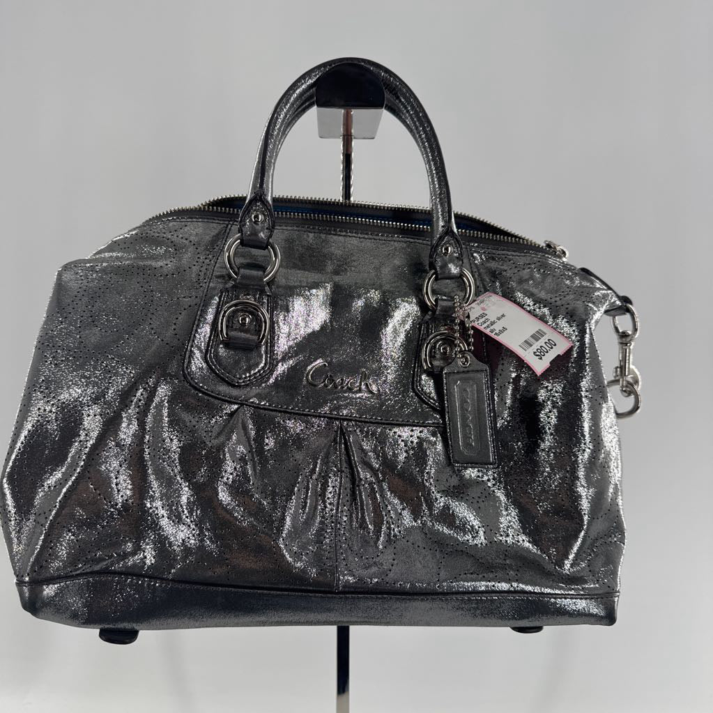 metallic silver perforated leather satchel