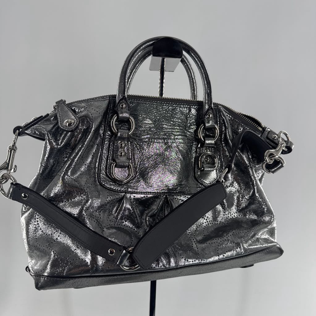 metallic silver perforated leather satchel